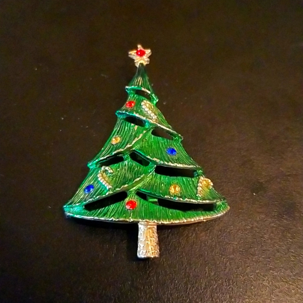 Beatrix B.J. Gold Tone Enameled Rhinestoned Christmas Tree Brooch